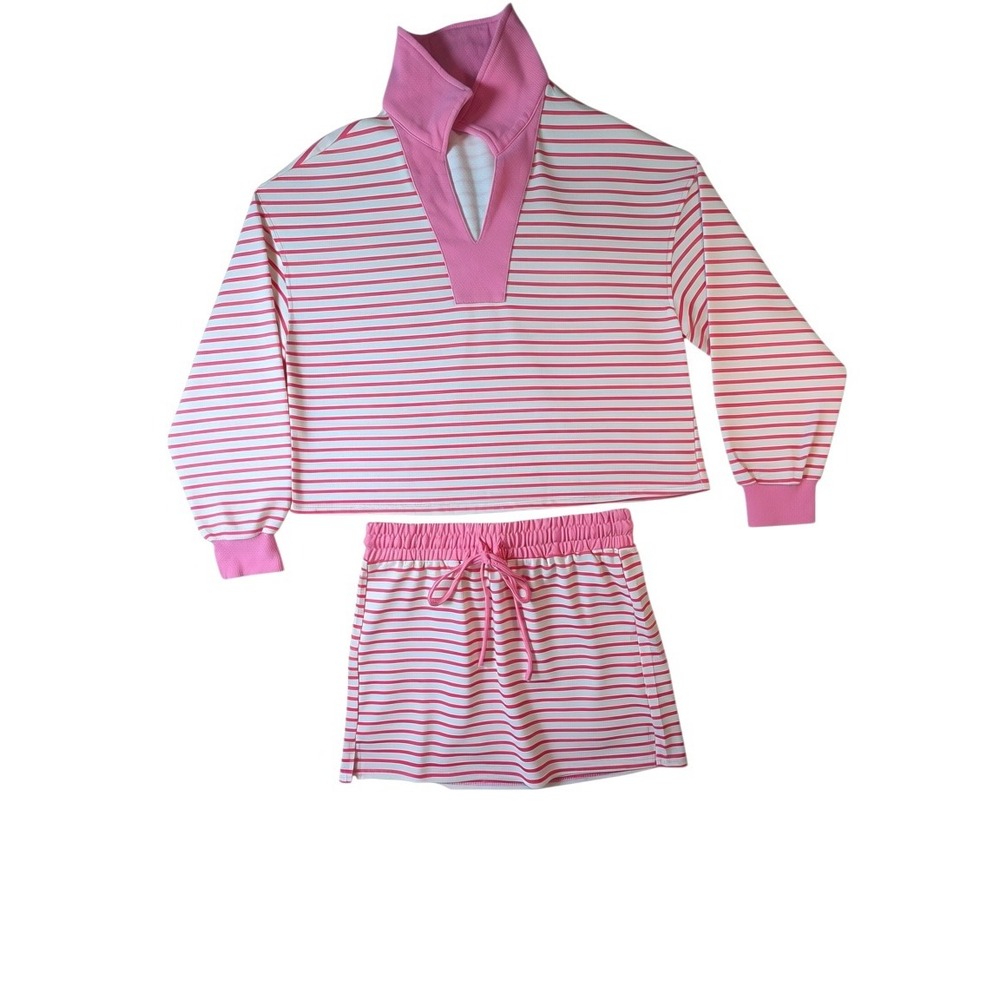 Boutique Striped Pink White Long Sleeve Crop Top and Short Set Small